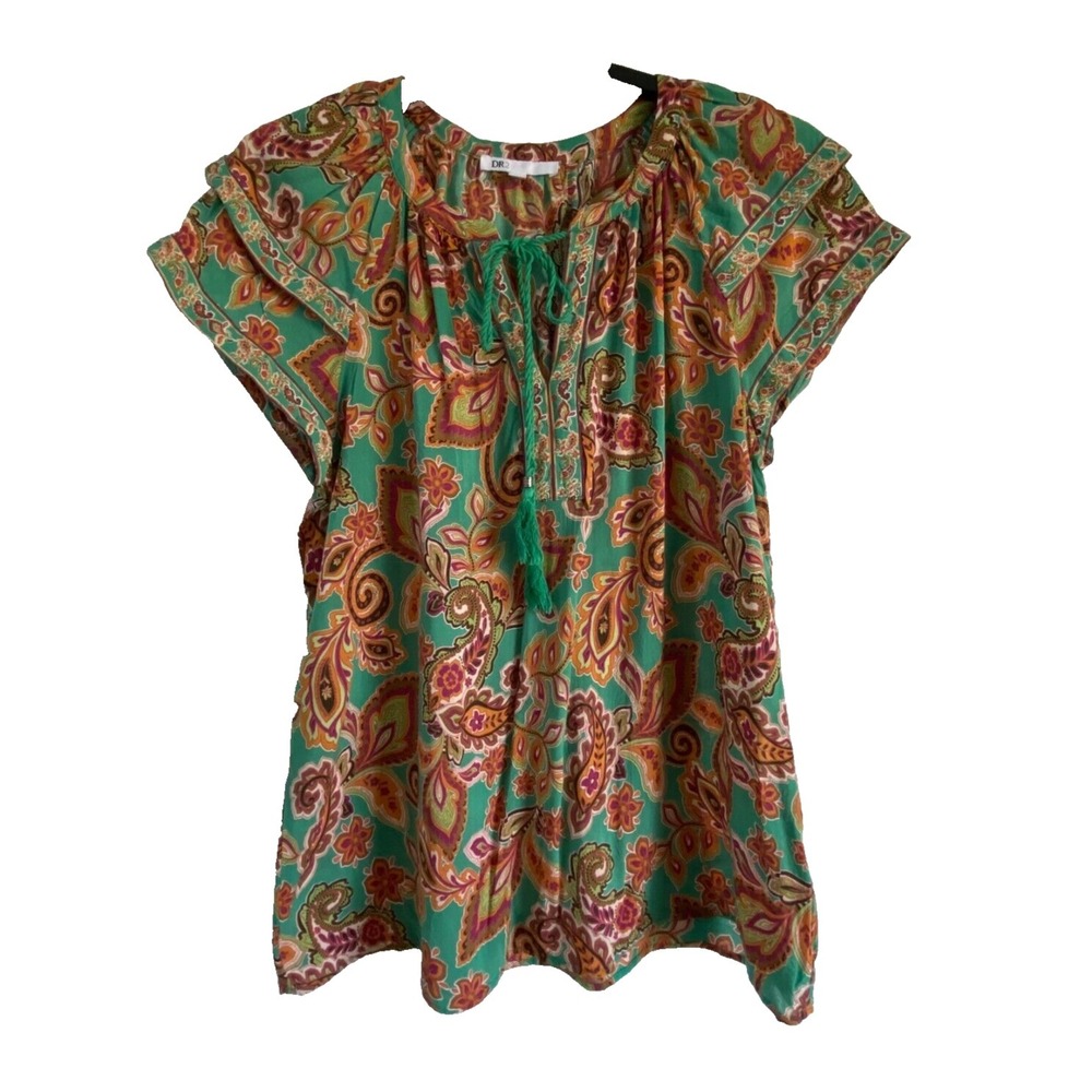 DR2 Top Double Flutter Sleeve Women's Multi Paisley Tassel Size M